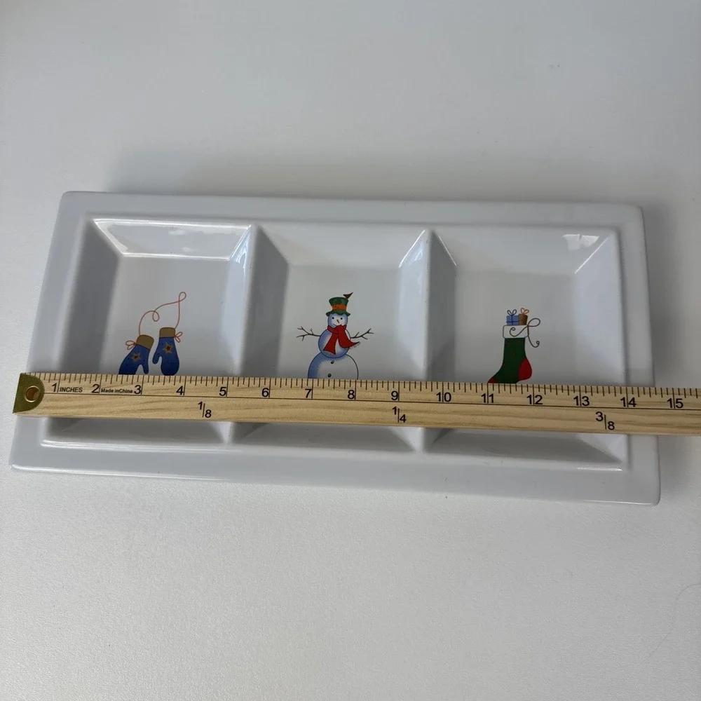 Holiday 3-Section Divided Serving Tray Platter‎ White Snowman Mittens Stocking